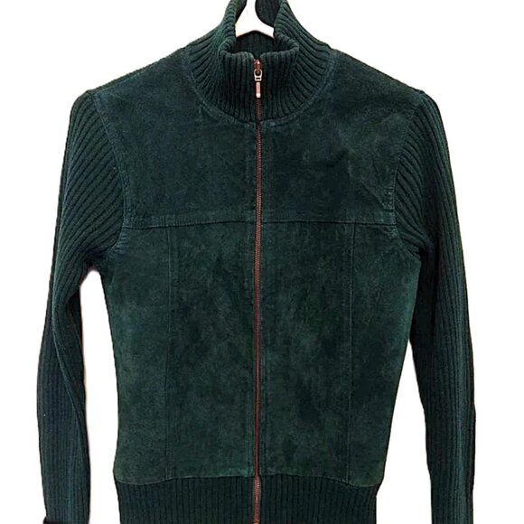 Vintage 90s Sweater Leather Jacket Green Knit and Suede Size Small - Picture 1 of 8
